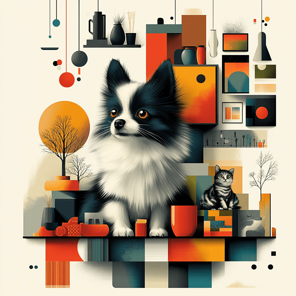 Barking Pomeranian in flat design room with geometric toys and anxious cat.