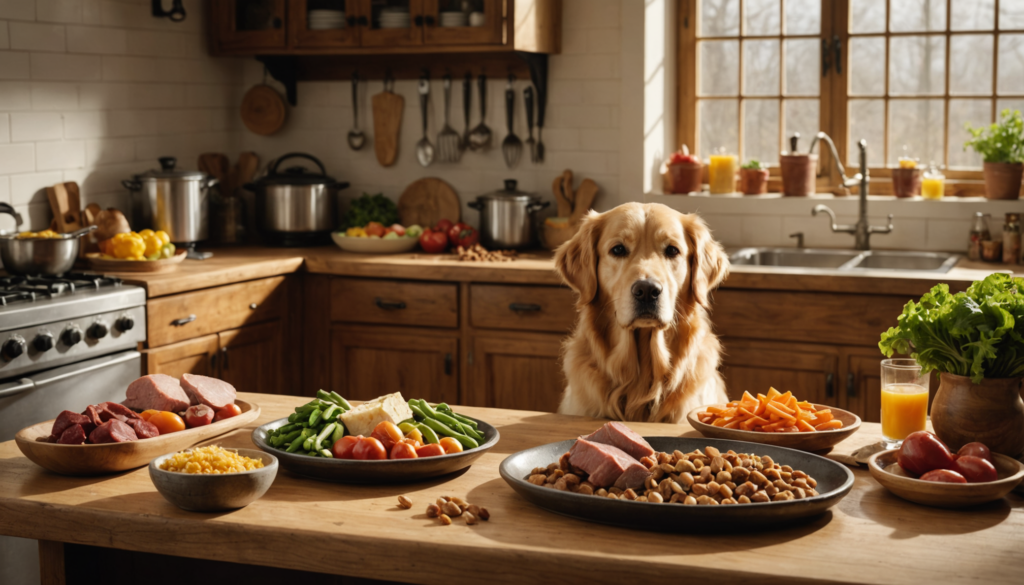 A golden retriever sits at a kitchen island, eagerly eyeing the array of bowls filled with vegetables and meats, perhaps contemplating what a dog's favorite food might be among these tempting choices.