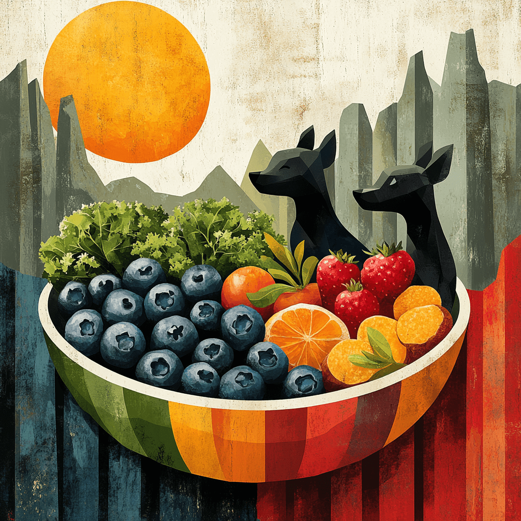 Bowl of superfoods with playful dogs and Badlands in flat design.