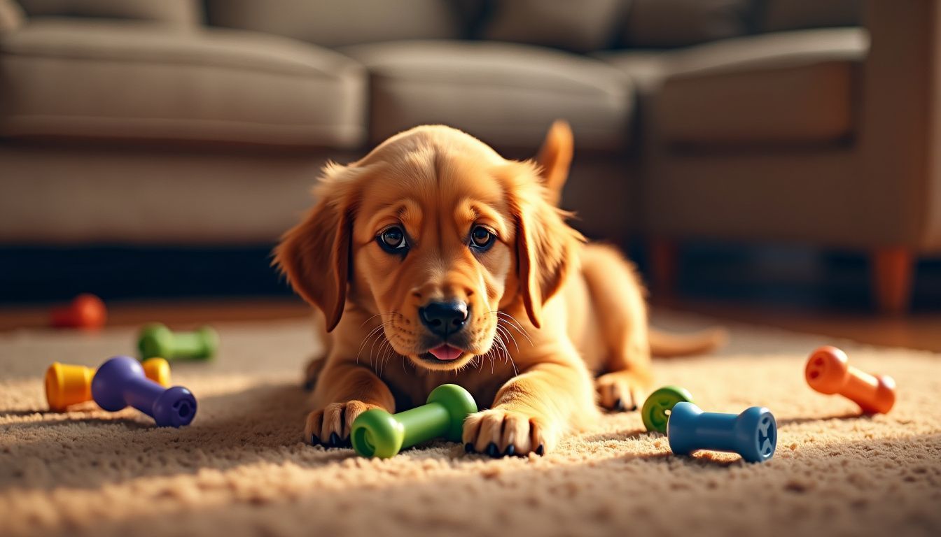 A golden retriever puppy nervously chews on a worn carpet.