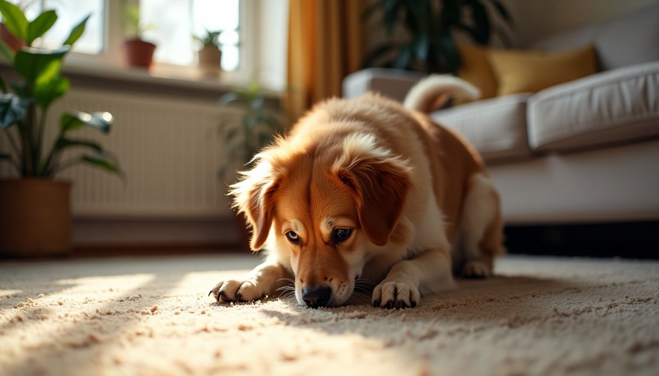 A fluffy dog licking a worn carpet in a living room.