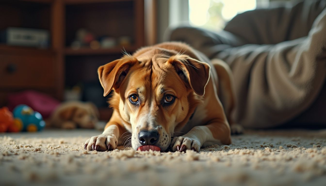 A medium-sized anxious dog licking a worn-out carpet in a messy living room.