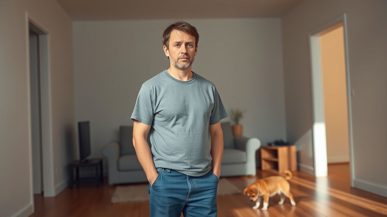 A puzzled man watches his dog scratching the floor in a living room.