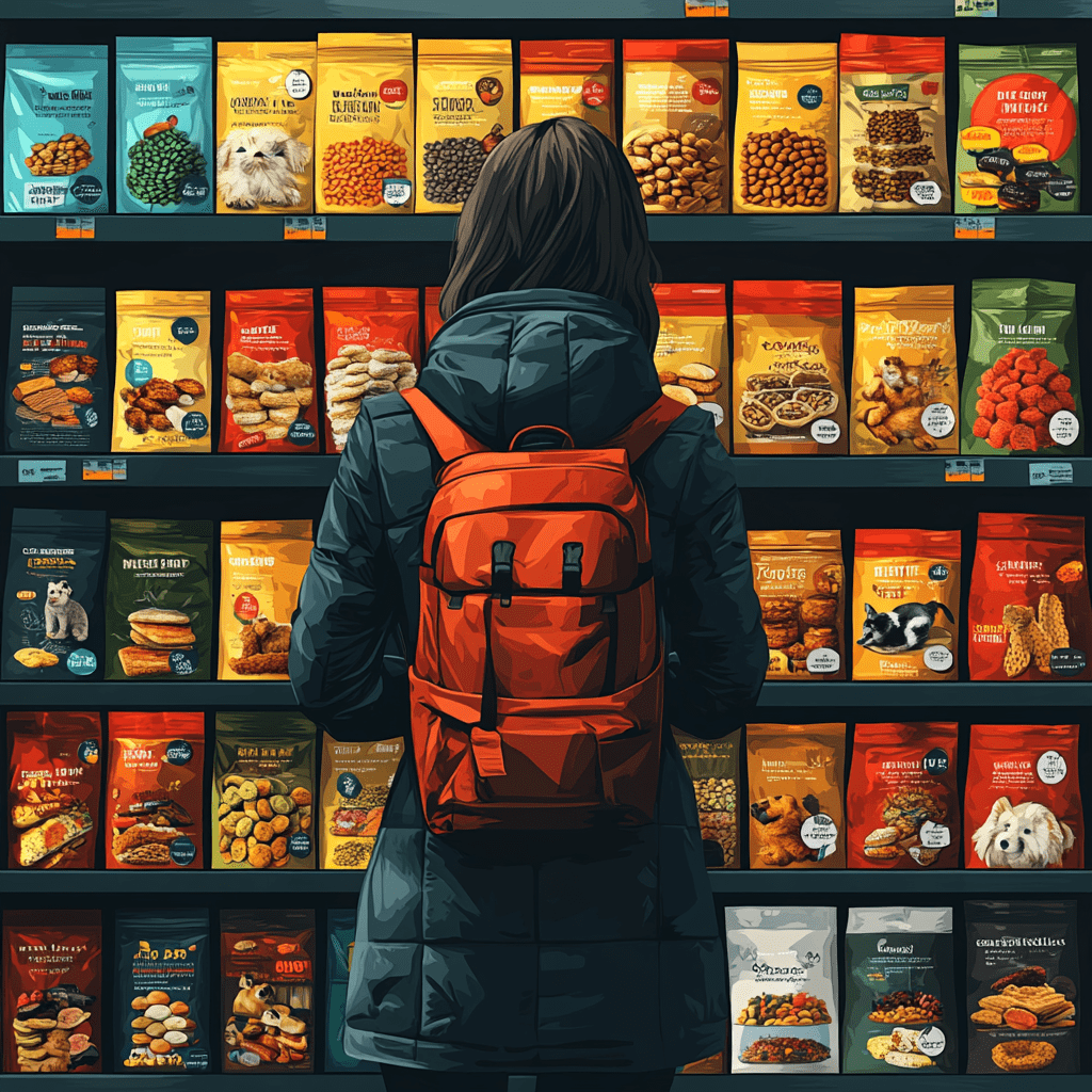 Dog owner examining pet food aisle in flat design style.