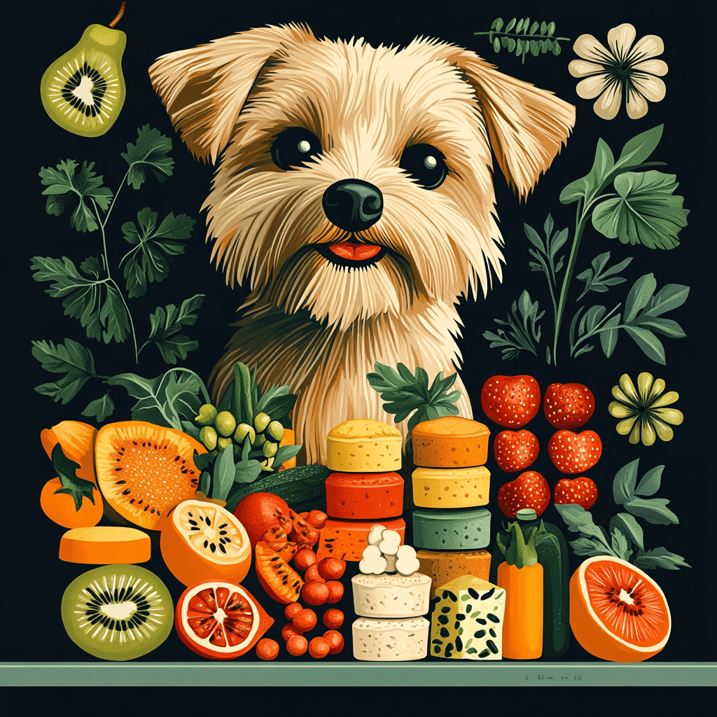 Dog-safe snacks and happy dog with greenery in flat design style.