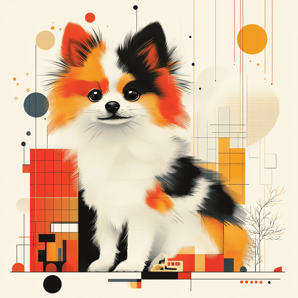 Energetic Pomeranian with lifestyle icons in flat design style.