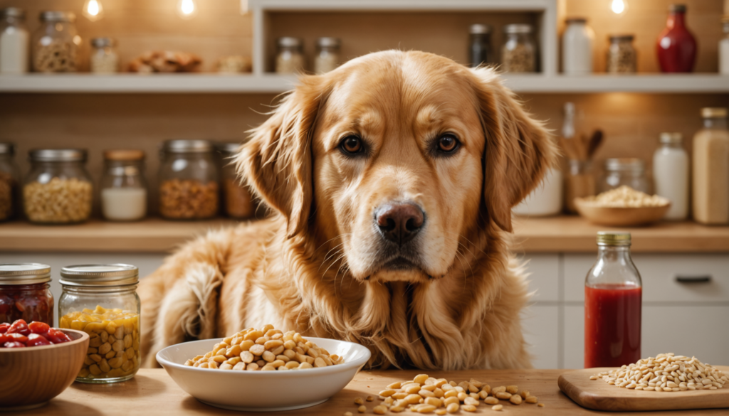 A golden retriever sits eagerly at a kitchen counter, surrounded by jars and bowls of grains, seeds, and nuts—perhaps wondering what a dog's favorite food might be amidst this array.