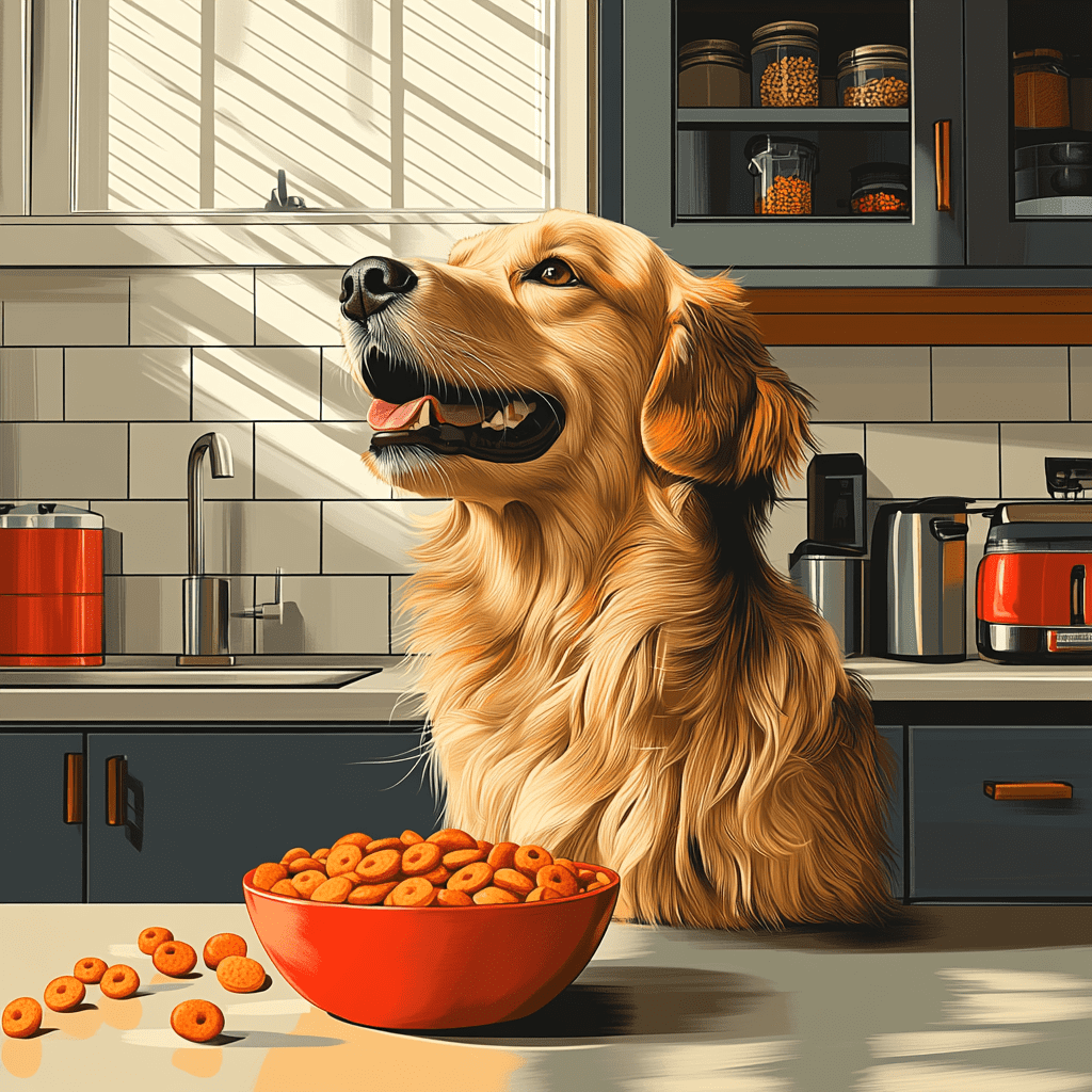 Golden retriever and Cheerios with dog toys in flat design style.