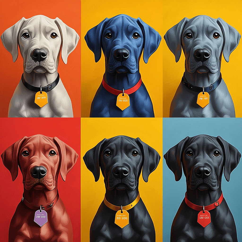 Great Dane puppies with price tag icons in flat design style.