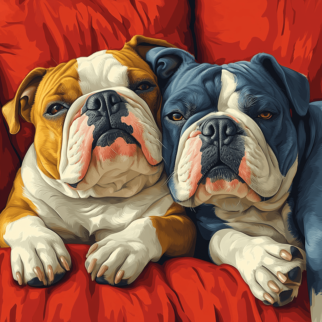 Infographic of English Bulldog and Olde English Bulldog in a cozy home setting.