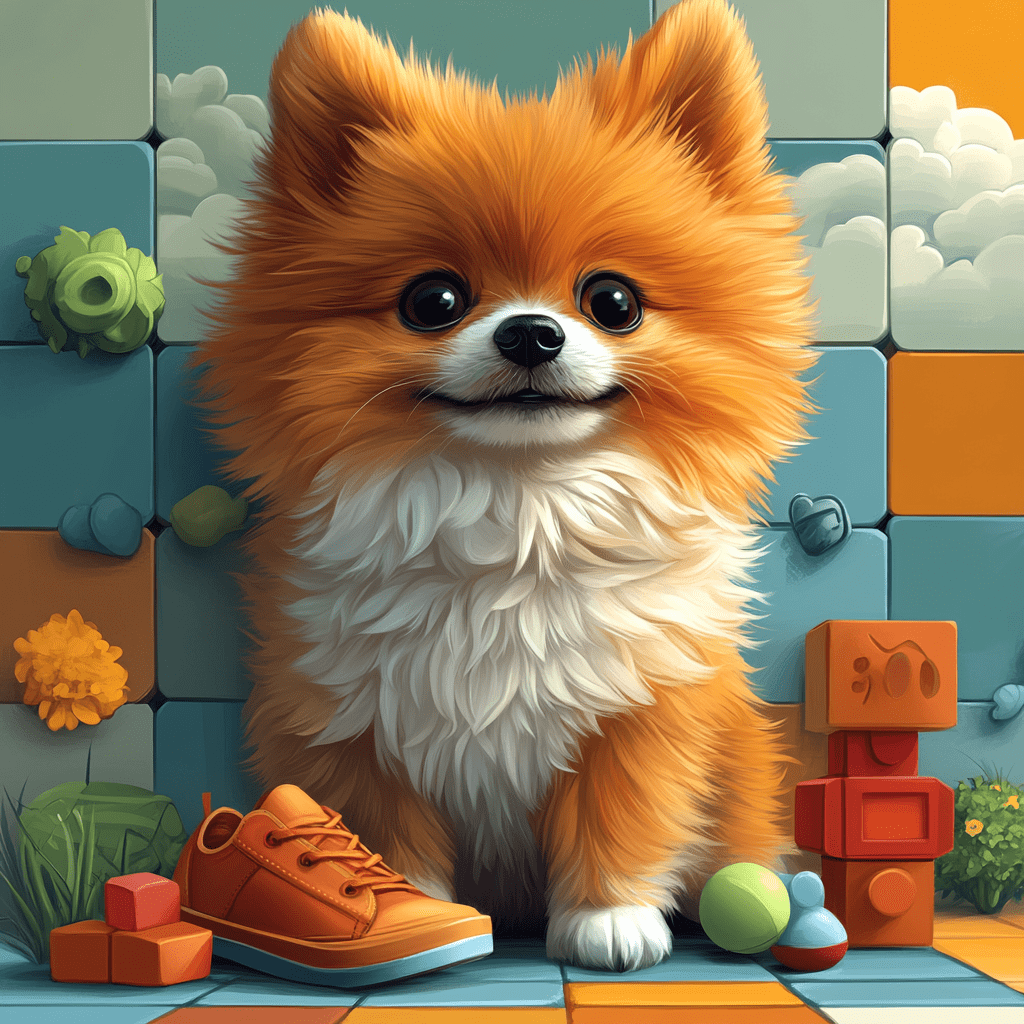 Mischievous Pomeranian with geometric shoe and toys in flat design style.