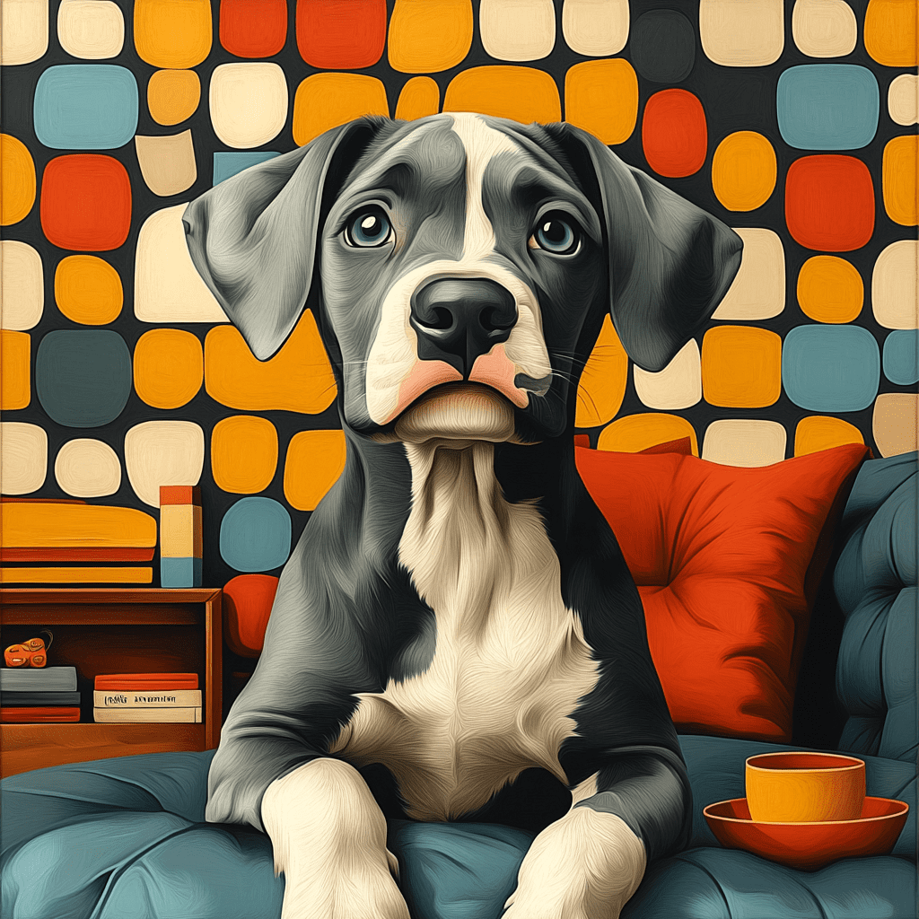 Playful Great Dane puppy with pet supply icons in flat design style.