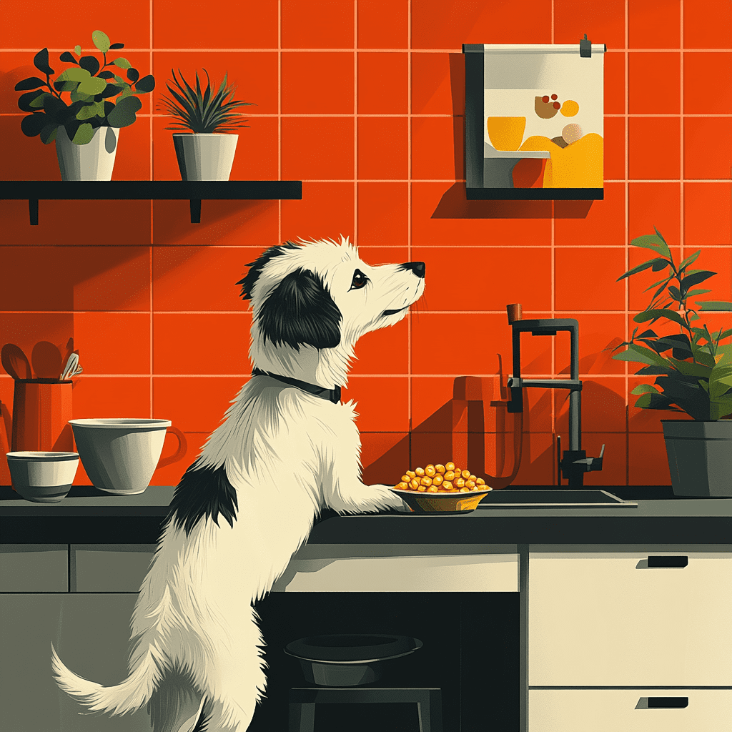 Playful dog and Cheerios with plants in flat design style.