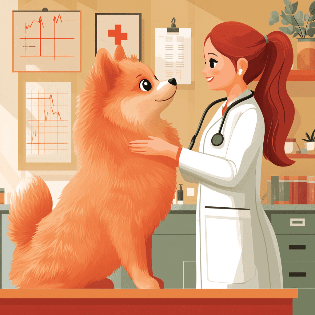 Pomeranian examined in flat design clinic with geometric health icons.