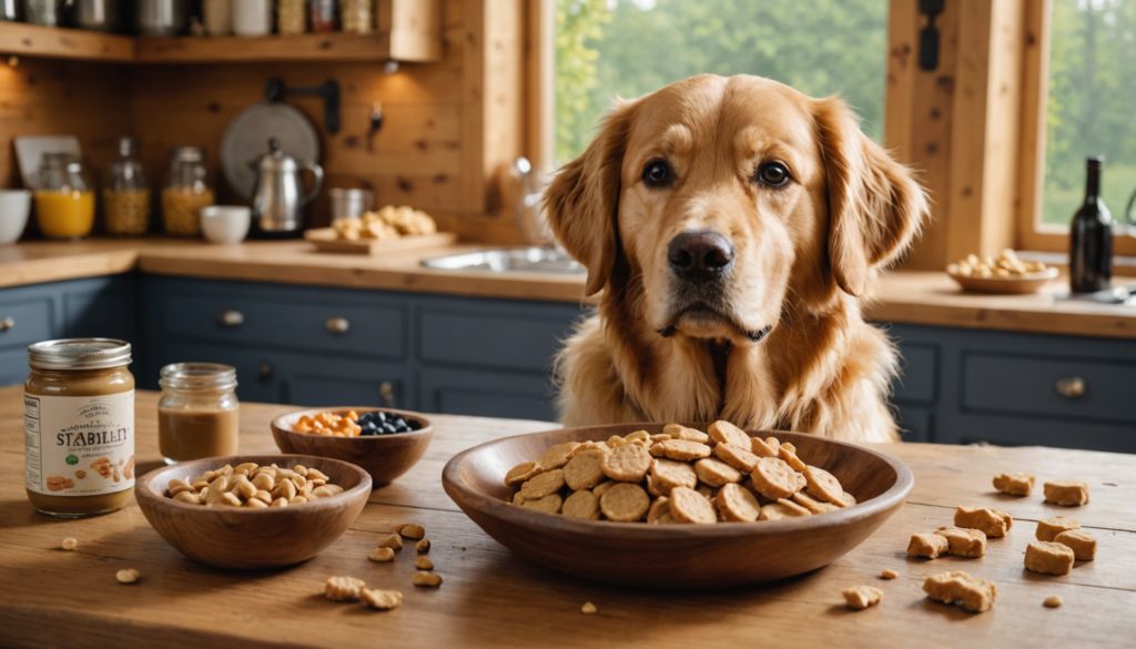 A golden retriever sits at a kitchen counter, eagerly eyeing bowls of dog treats, nuts, and berries—perhaps pondering what a dog's favorite food might be. Jars and fruits create a colorful backdrop to this mouthwatering scene.