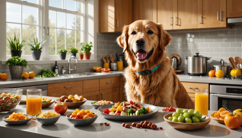 Golden retriever sitting by a kitchen counter with a variety of food including fruits, salad, juice, and nuts displayed in front. Curious to know what a dog's favorite food might be in this delicious spread?.