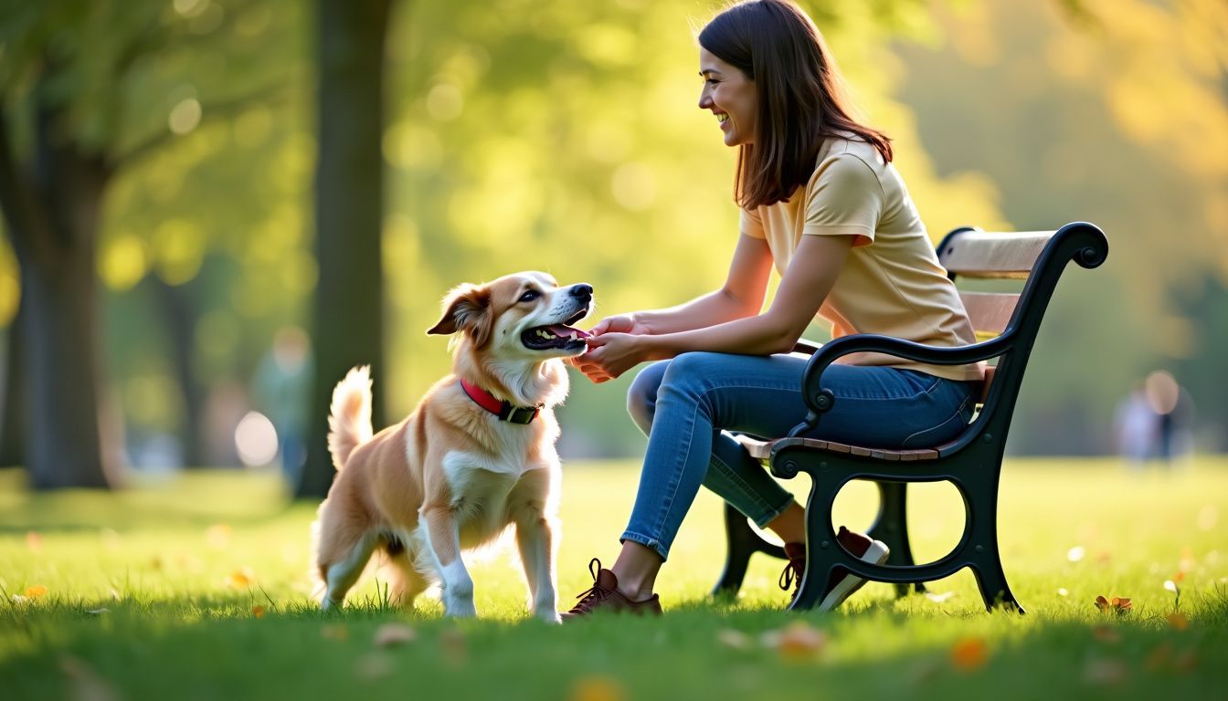 A woman happily playing fetch with her dog in a park.