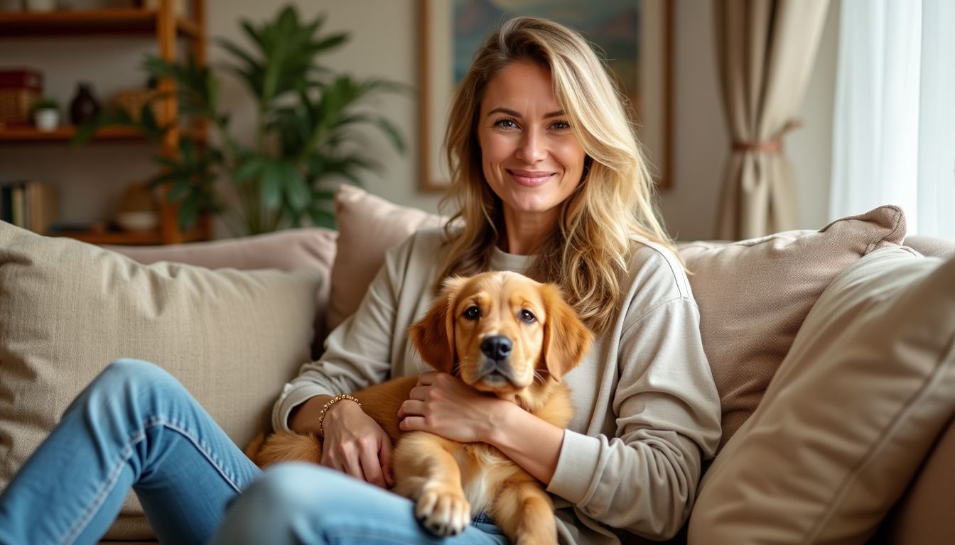 A woman sitting on a couch with a golden retriever puppy.