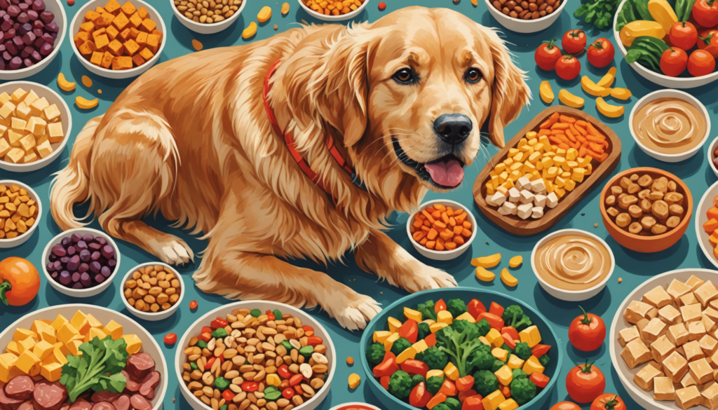 Golden retriever lying on a table surrounded by various colorful bowls of fruits, vegetables, and its favorite dog food.