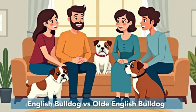 A family discussing differences between English Bulldog and Olde English Bulldog.