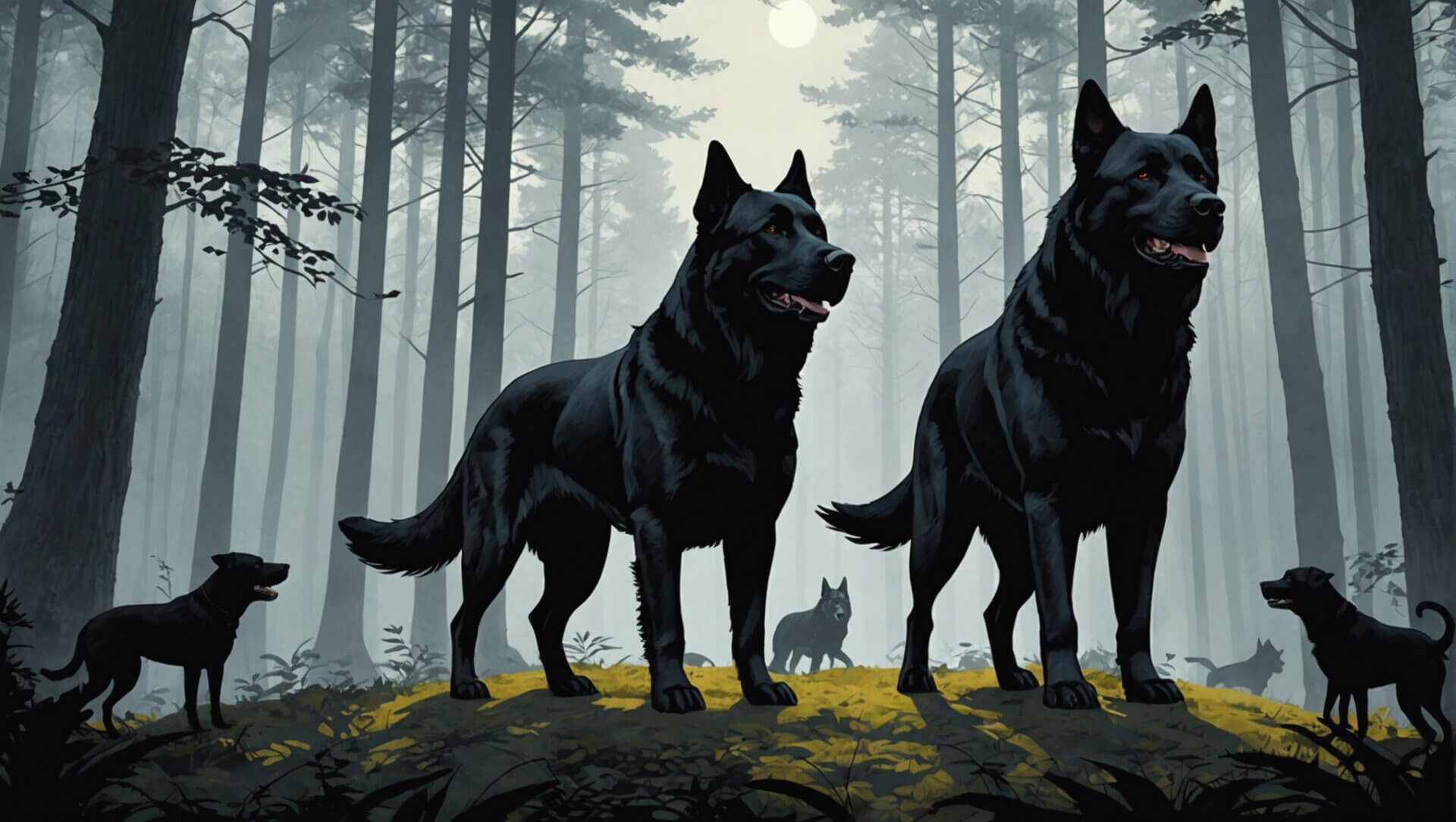 Two large, imposing black dogs stand on a grassy mound in a misty forest, their presence almost eerie. Smaller dogs roam in the background under a pale sky, adding to the unsettling scene.