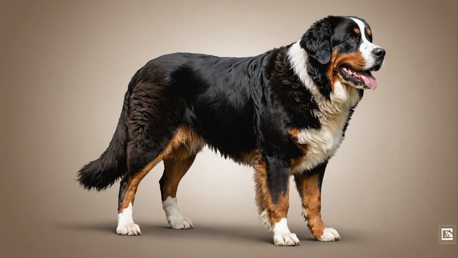 A large Bernese Mountain Dog, known for its impressive bite force, stands on a neutral background, looking to the side with its tongue out.