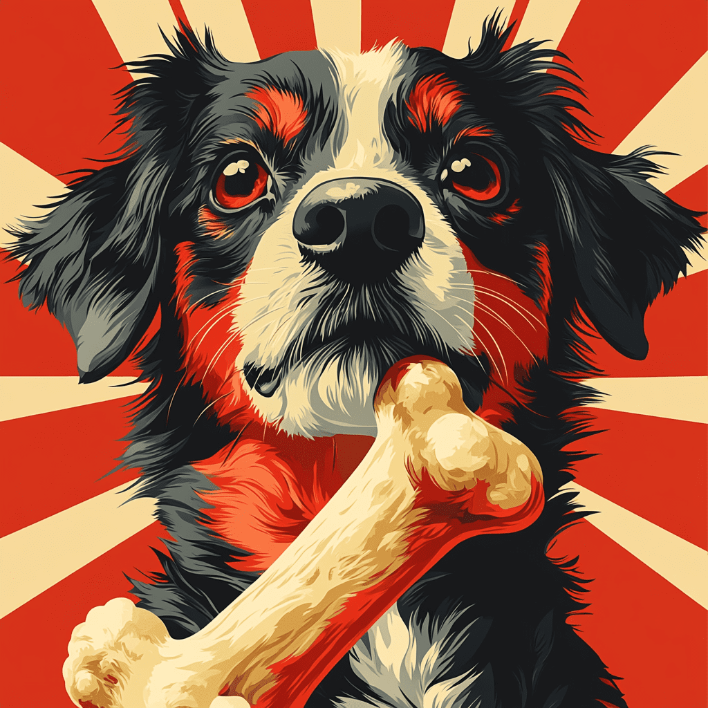 Dog with rib bone and warning sign in flat design style.