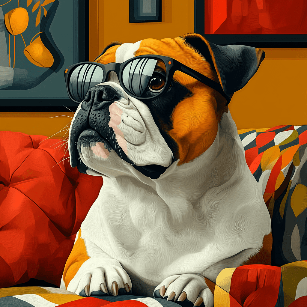 Are bulldogs smart? English Bulldog in a geometric living room with toys and books in flat design style.