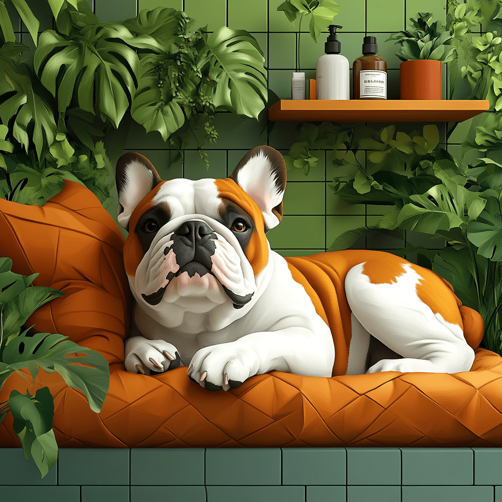 English Bulldog on a dog bed with grooming tools in flat design style.