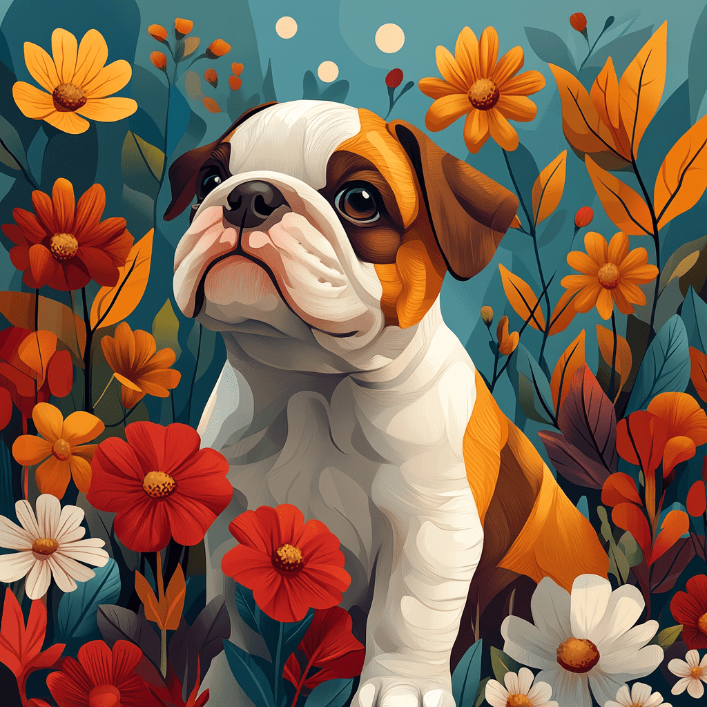 English Bulldog puppy in geometric garden with breeders in flat design style.