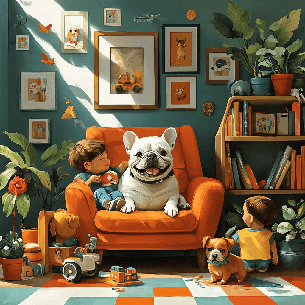 English Bulldog with children and toys in a flat design style.