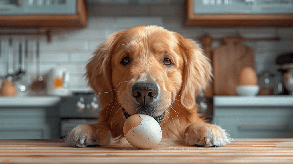 Flat design interpretation of a golden retriever eating a duck egg