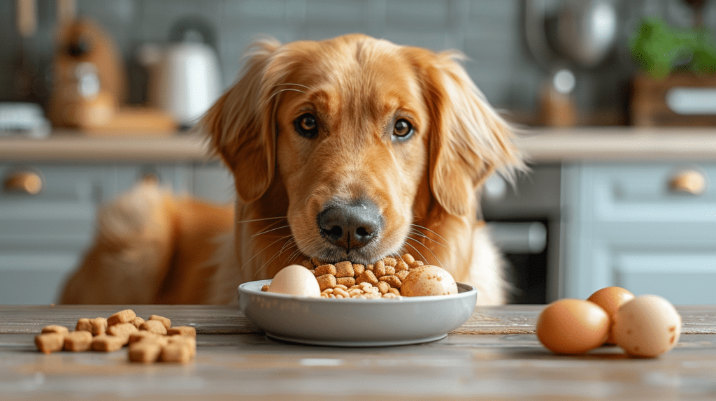 Flat design of a golden retriever eating duck eggs with kibble.