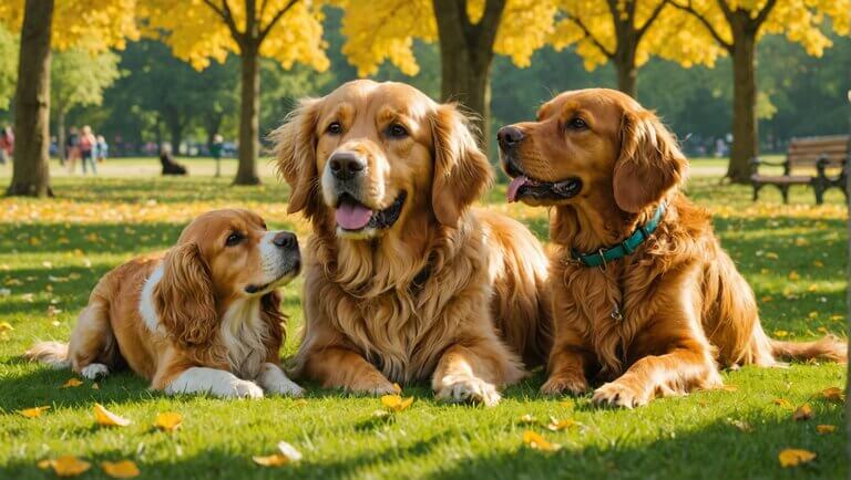 Three dogs, showcasing the affection often associated with female dogs, rest peacefully on the grass beneath trees adorned with golden leaves.