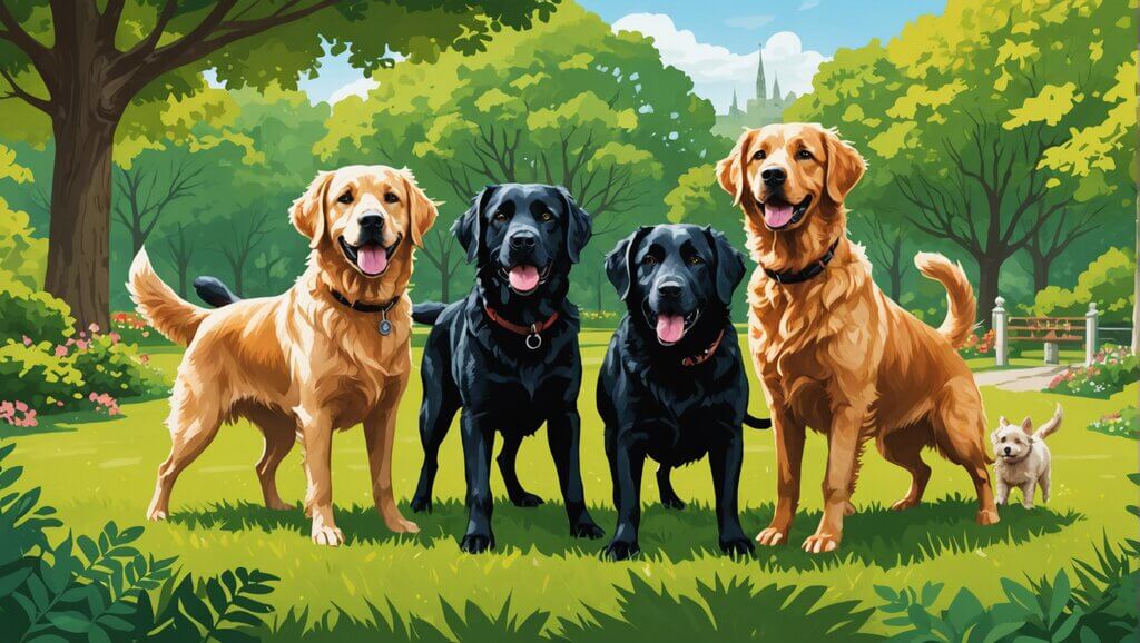 Four Labrador Retrievers, two golden and two black, stand proudly in a grassy park with trees in the background, embodying the perfect dog guide companions. A small dog peeks in from the side, adding a touch of charm to the serene scene.