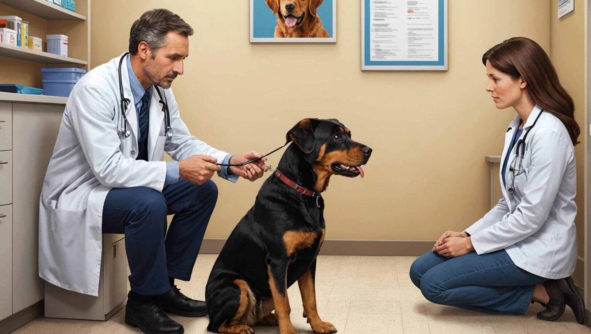 Two veterinarians examine a Rottweiler in an office. One holds a stethoscope to the dog's chest while the other kneels nearby, discussing the best dog food for ear infections. Medical posters and supplies are visible in the background.