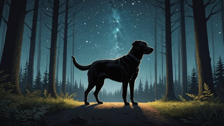 A dog stands on a forest path at night, silhouetted against a starry sky, as if pondering whether it can see in the dark.