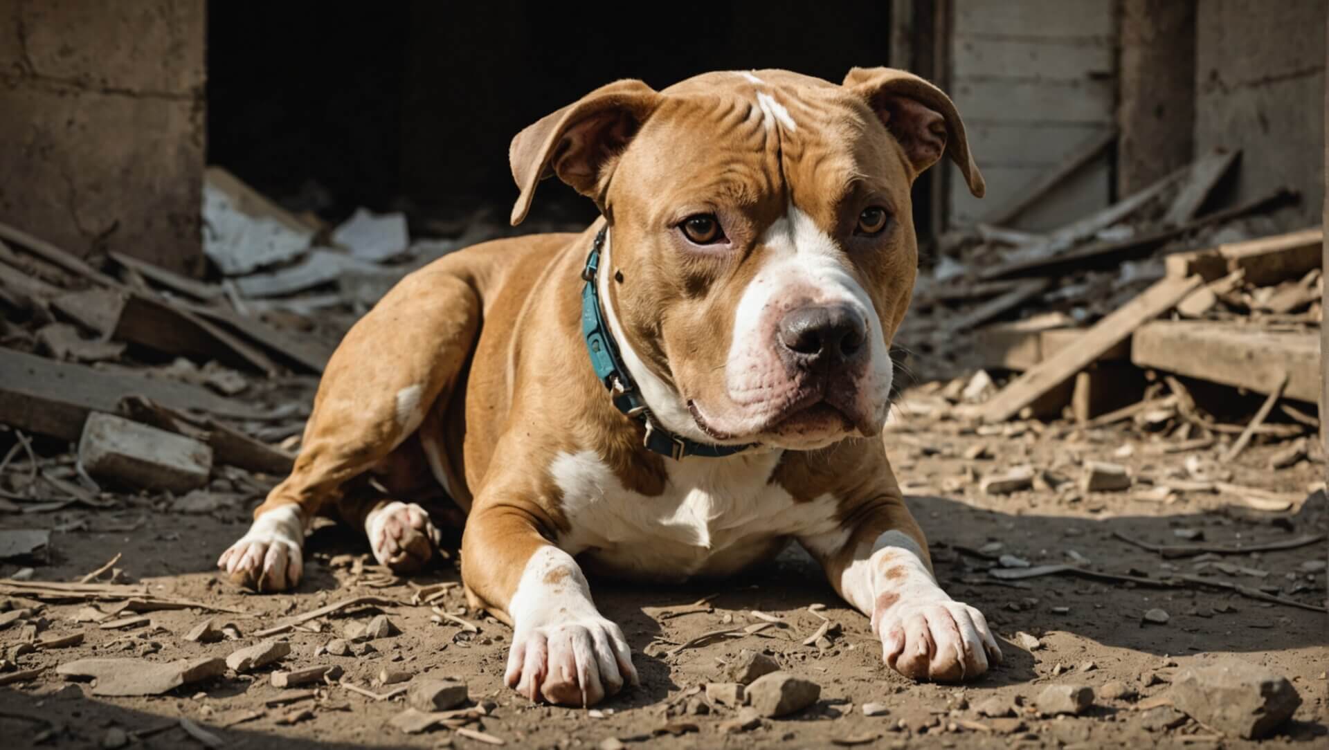 A brown and white dog lies on a dirt floor surrounded by debris in a dimly lit area, embodying the somber existence often associated with the misunderstood term "bait dog.