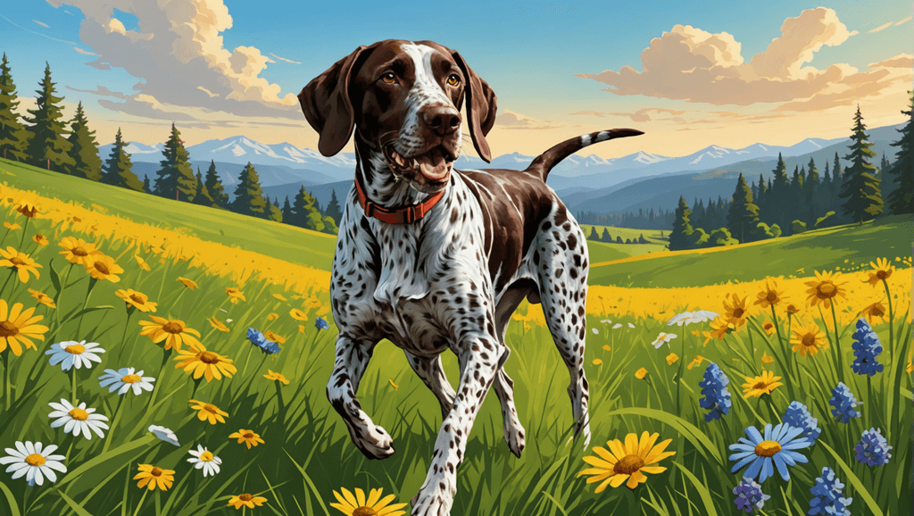 A brown and white dog with a collar runs joyfully through a flower-filled meadow with mountains and clouds in the background.