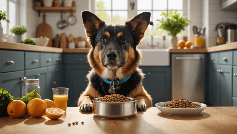 A dog sits at a kitchen table with a bowl of kibble, surrounded by various fruits and vegetables, including oranges and grapes, and a glass of orange juice.