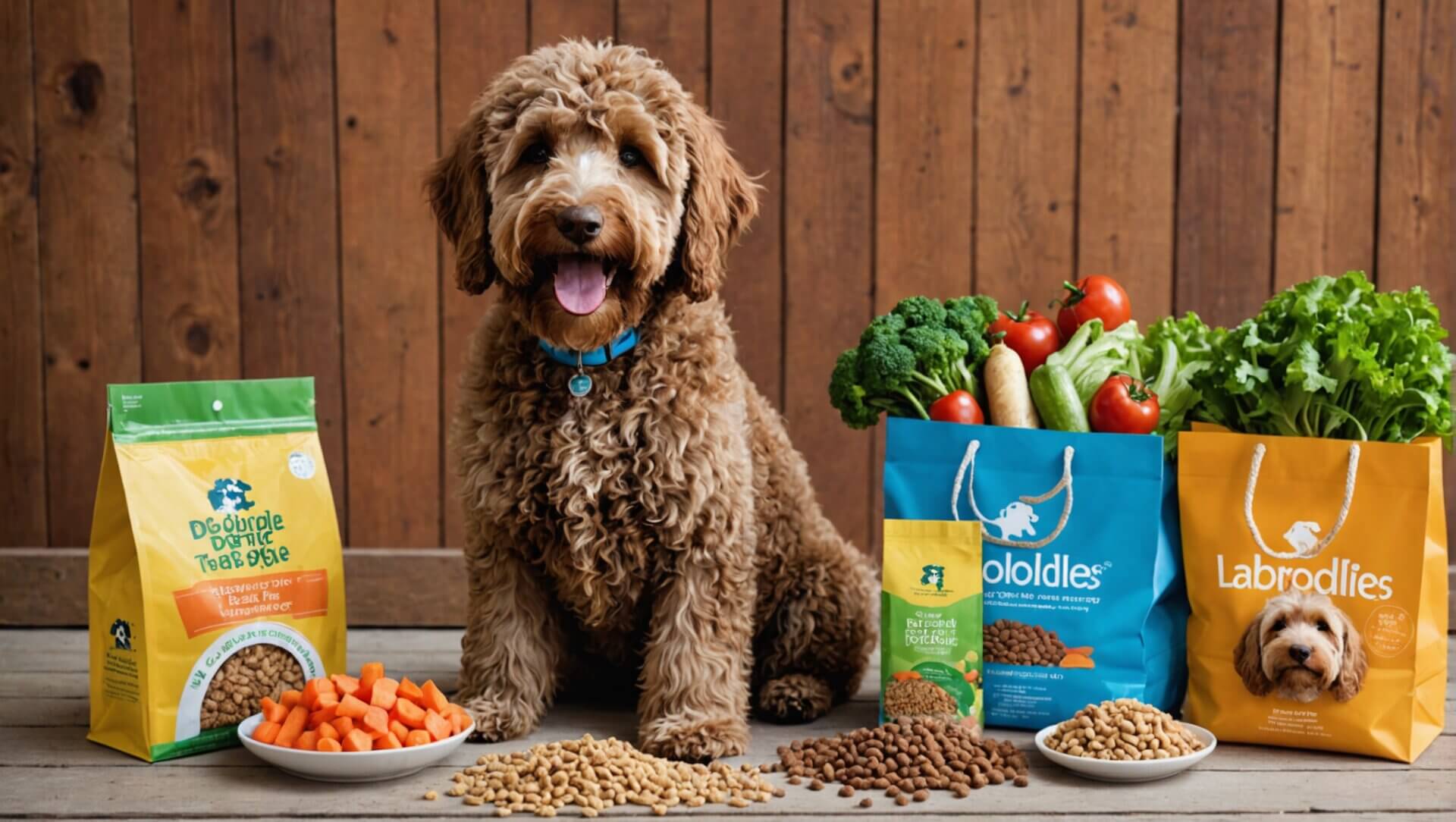 A fluffy brown dog, resembling a playful labradoodle, sits contentedly between bags of the best dog food and fresh vegetables, with bowls of kibble and carrots on the floor.