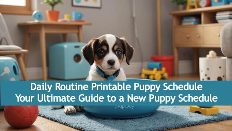 A puppy sits playfully in a room filled with toys, while a cheerful banner at the bottom declares its "Daily Routine Printable Puppy Schedule.