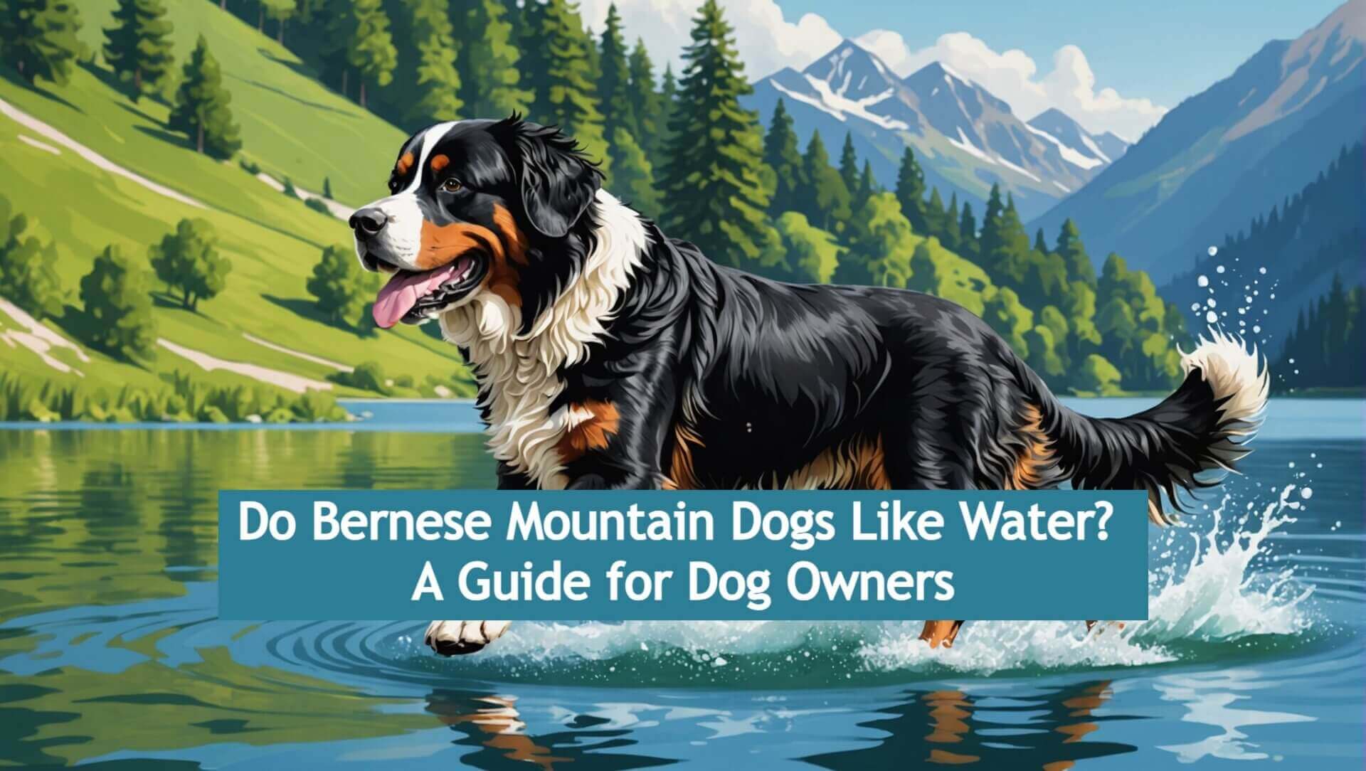 Bernese Mountain Dog exploring a lake with majestic mountains behind, alongside text: "Do Bernese Mountain Dogs Like Water? Discover the Aquatic Adventures for Your Four-Legged Friend.