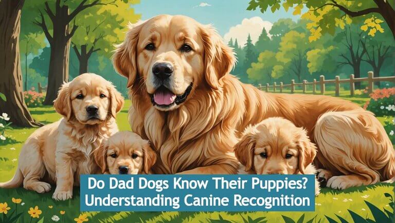 An adult Golden Retriever sits proudly with his three puppies on the grassy expanse of a sunny park. The scene invites curiosity: "Do Dad Dogs Know Their Puppies?" Delve into the fascinating world of canine recognition and discover the bonds that unite these furry families.