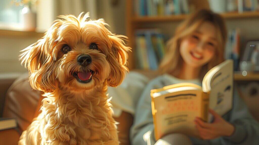 A fluffy dog lounges on a couch in front of a smiling person immersed in their book, adding an air of serenity to the cozy room. Amidst such tranquility, one might ponder curious canine behaviors like whether dogs drink their pee, but this pup seems content just being there.