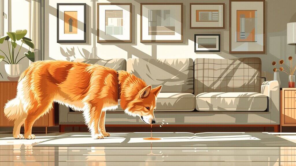 A fluffy orange dog drinks water from a bowl on a sunlit living room floor, surrounded by modern furniture and framed art on the walls. Contrary to peculiar myths like "Do Dogs Drink Their Pee," this pup enjoys fresh water in style.