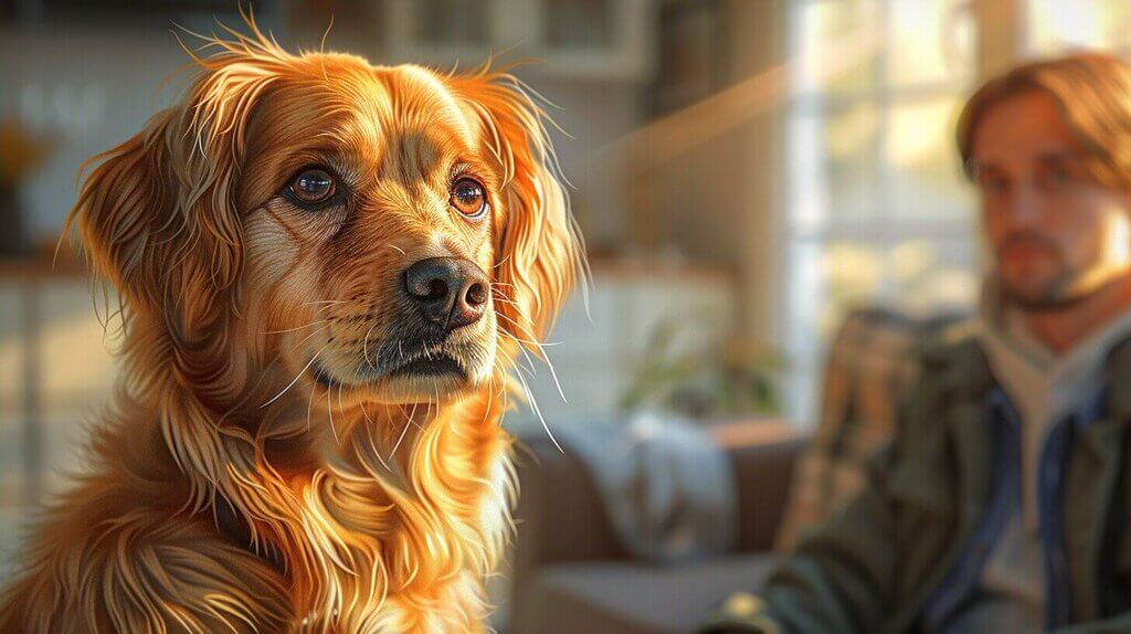 A golden retriever sits indoors with soft lighting, gazing ahead, perhaps pondering a curiosity about canine habits. In the background, a person is blurred on a couch.