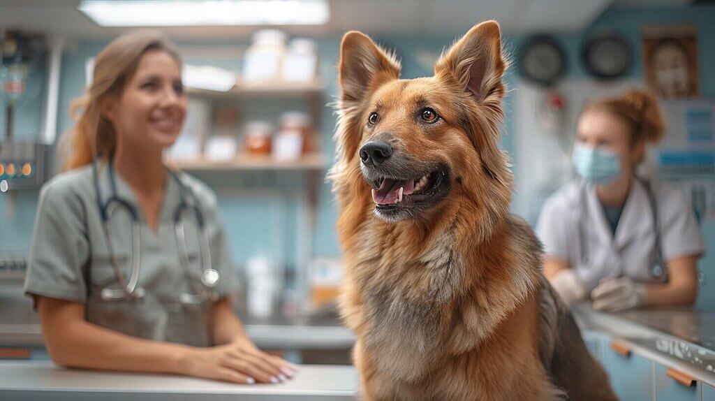 A happy dog sits on an examination table at a veterinary clinic, with one veterinarian smiling and another wearing a mask in the background, perhaps pondering unusual pet behaviors like "Do Dogs Drink Their Pee?" as they care for their furry patients.