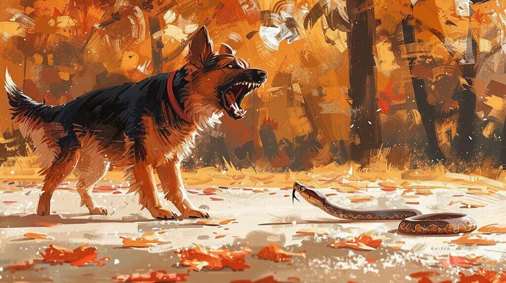 A dog confidently barks at a snake on an autumn leaf-covered ground, as if to show that dogs can keep snakes away.