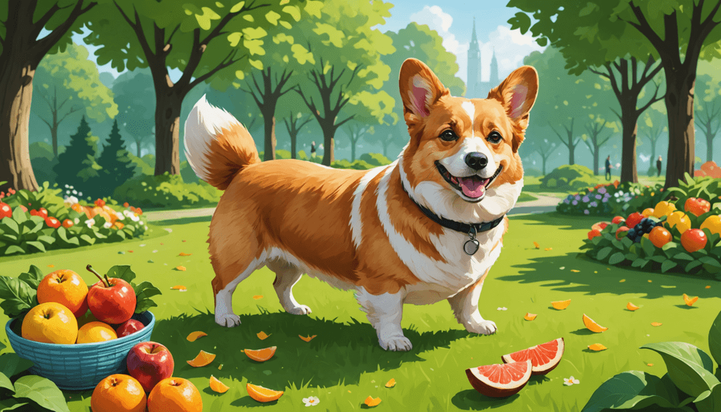 A happy corgi stands on grass surrounded by fallen fruit pieces in a sunny park, with trees and a clear sky in the background.